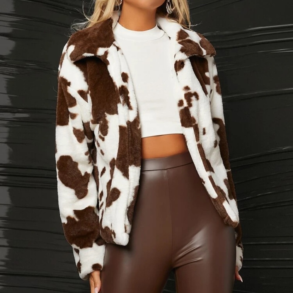 Cow Print (Brown) Faux Fur Jacket